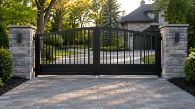 Black aluminum double swing driveway gate between stone pillars