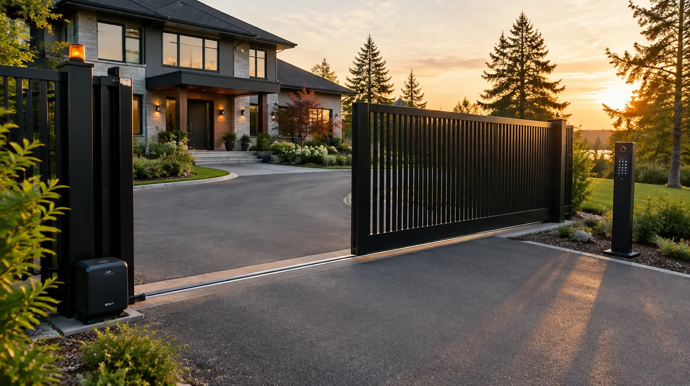 Black aluminum automatic sliding driveway gate in front of a modern home
