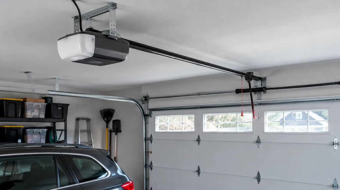 Belt drive garage door opener mounted on the ceiling of an attached garage
