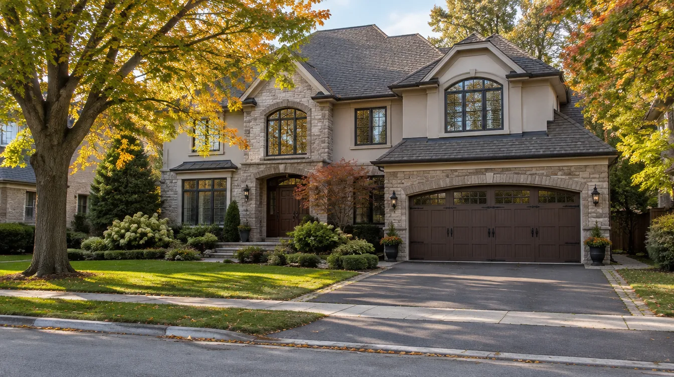 Two-storey stone house with a brown carriage-style double garage door on a tree-lined street