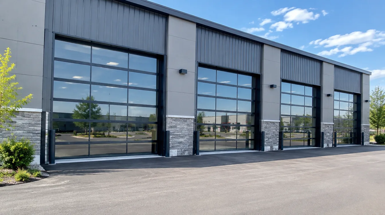 Four insulated commercial sectional doors with glass sections on an industrial plaza