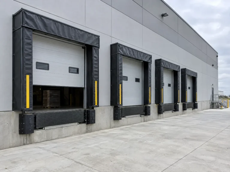 Row of grey insulated sectional overhead loading dock doors with dock seals on a GTA warehouse