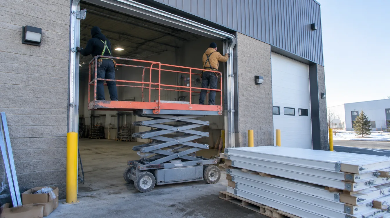 Two installers on a scissor lift fitting tracks for a new commercial sectional door