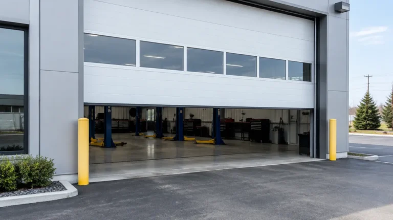White insulated commercial sectional overhead door with windows on a service shop