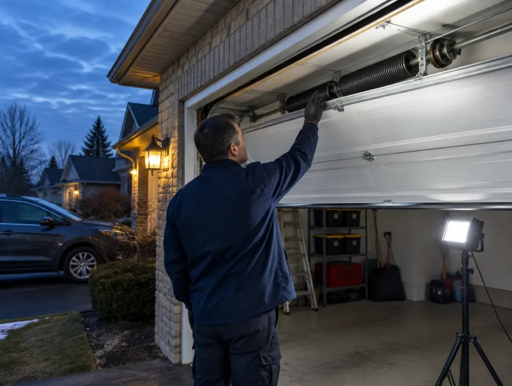 Technician checking the torsion spring above a residential garage door in the evening, lit by a work light
