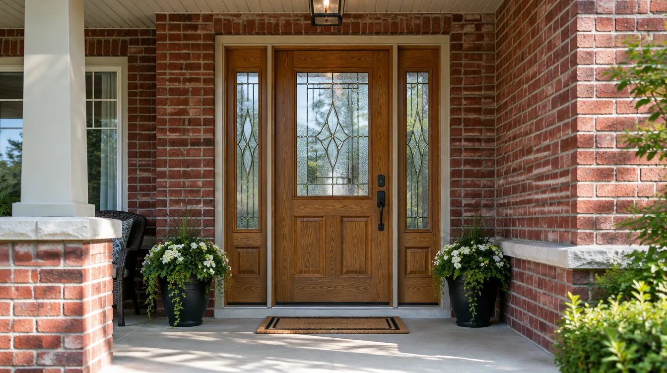 Oak woodgrain fiberglass front door with two glass sidelites on a red brick home