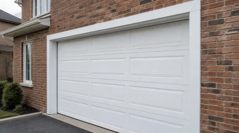 White aluminum capping wrapped around a garage door frame on a brick home