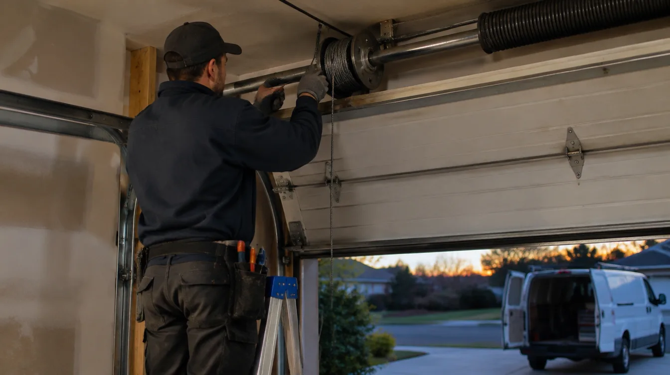 Technician repairing a lift cable and drum on a half-open residential garage door
