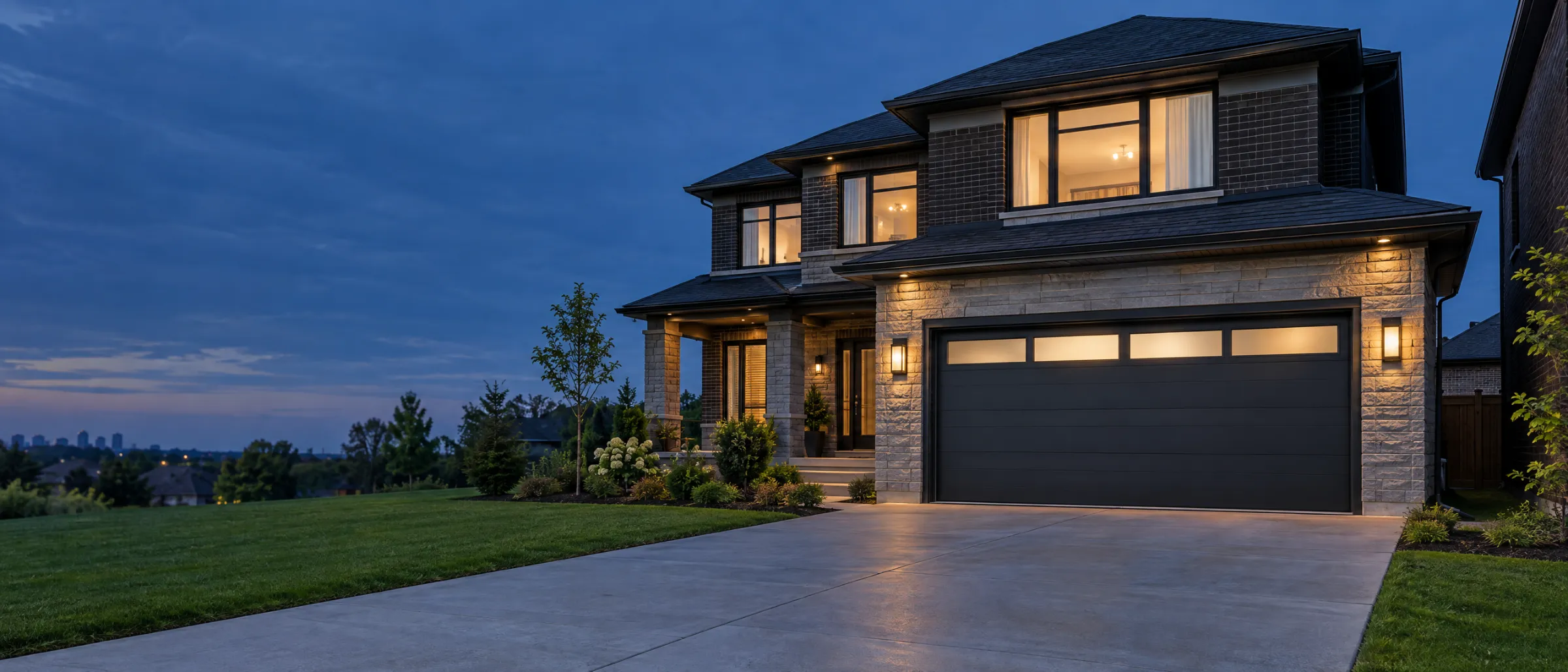 Charcoal insulated double garage door on a stone and brick home in Mississauga at dusk