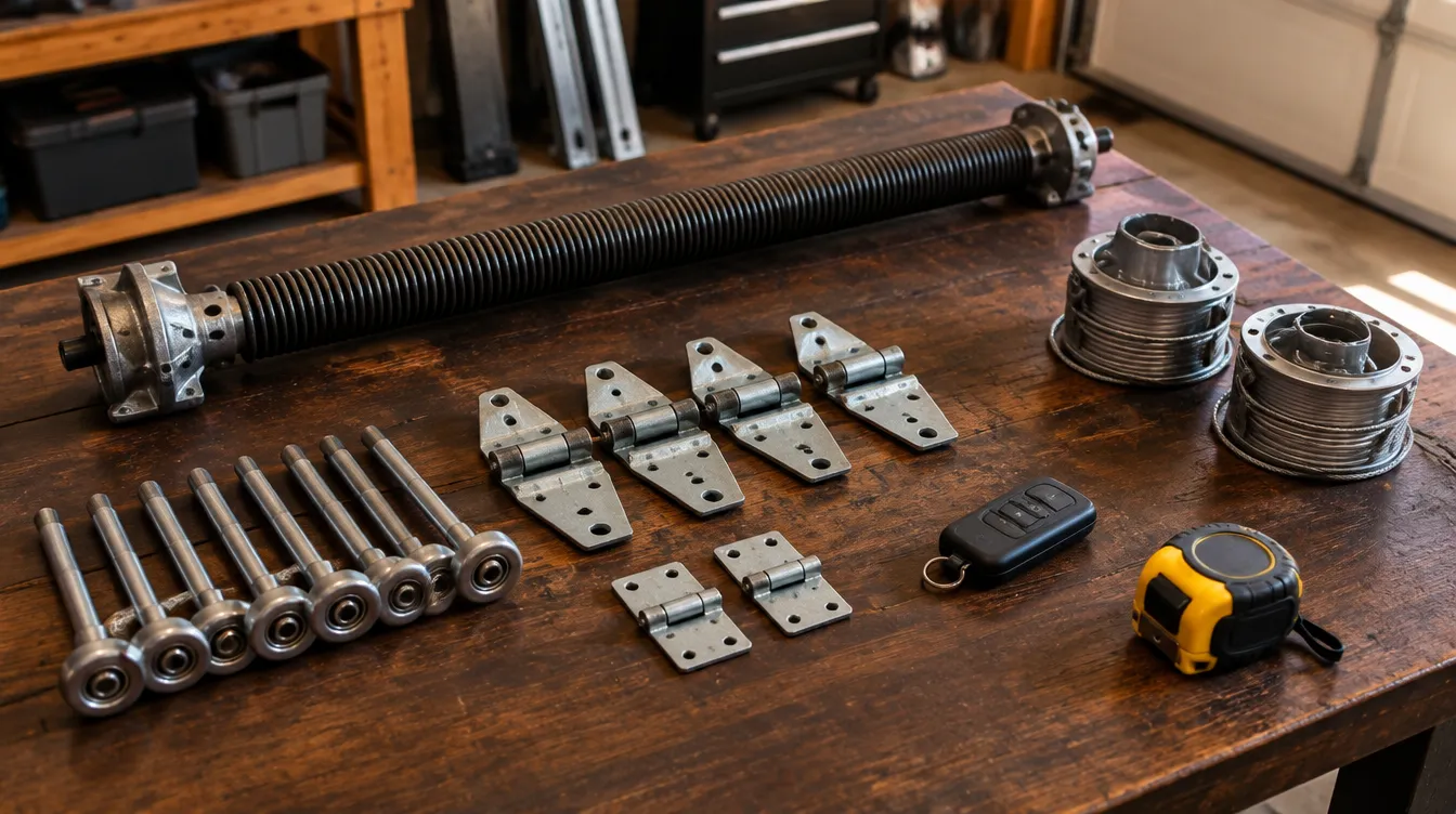 Garage door parts laid out on a workbench: rollers, hinges, a torsion spring, cable drums and a remote
