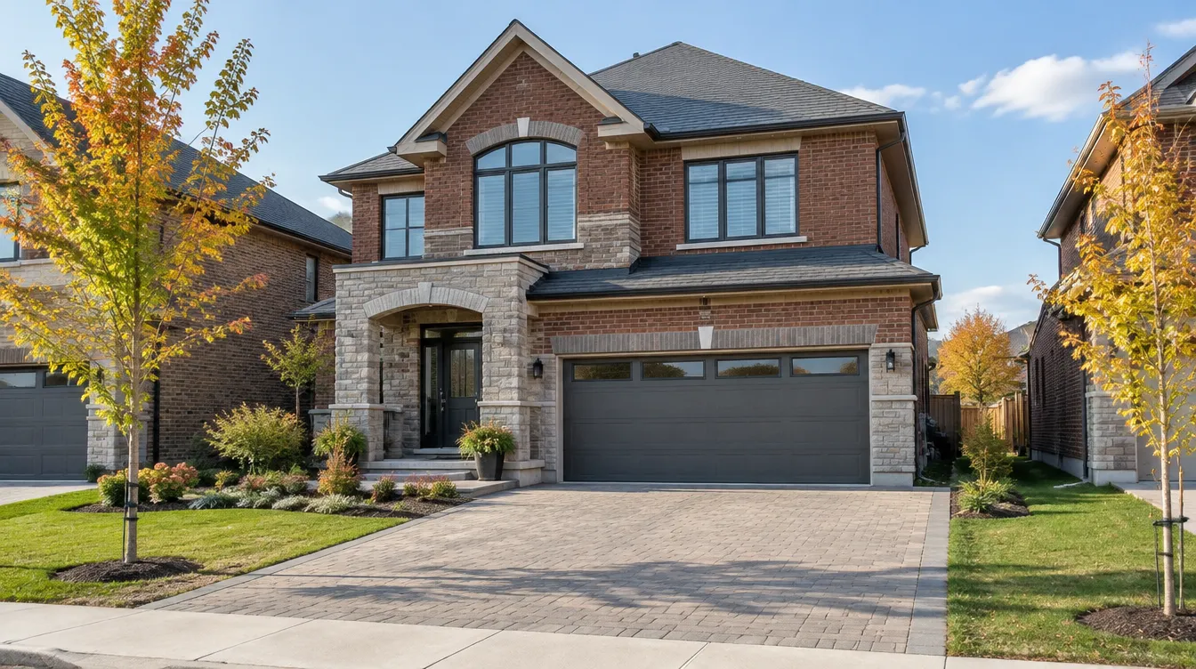 Dark grey double garage door with windows on a newer brick and stone house