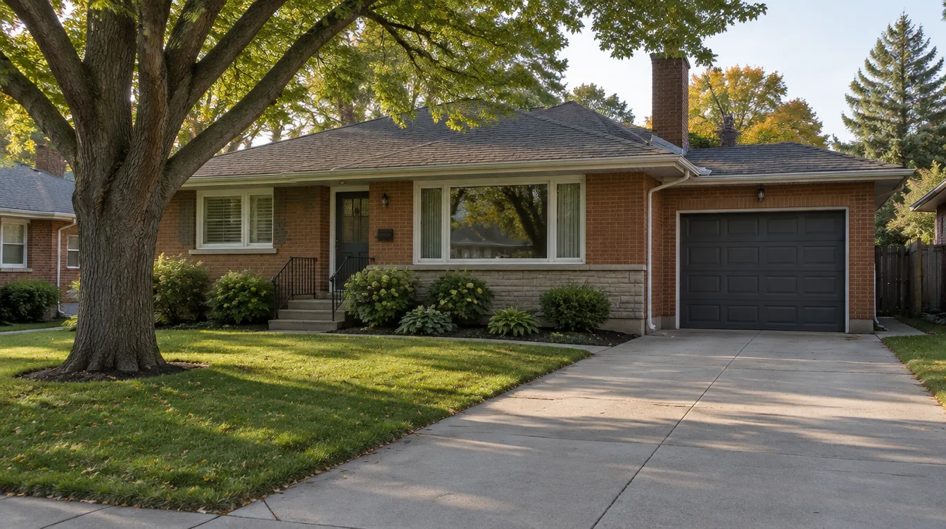 Brick bungalow with an attached single garage and a new charcoal steel door