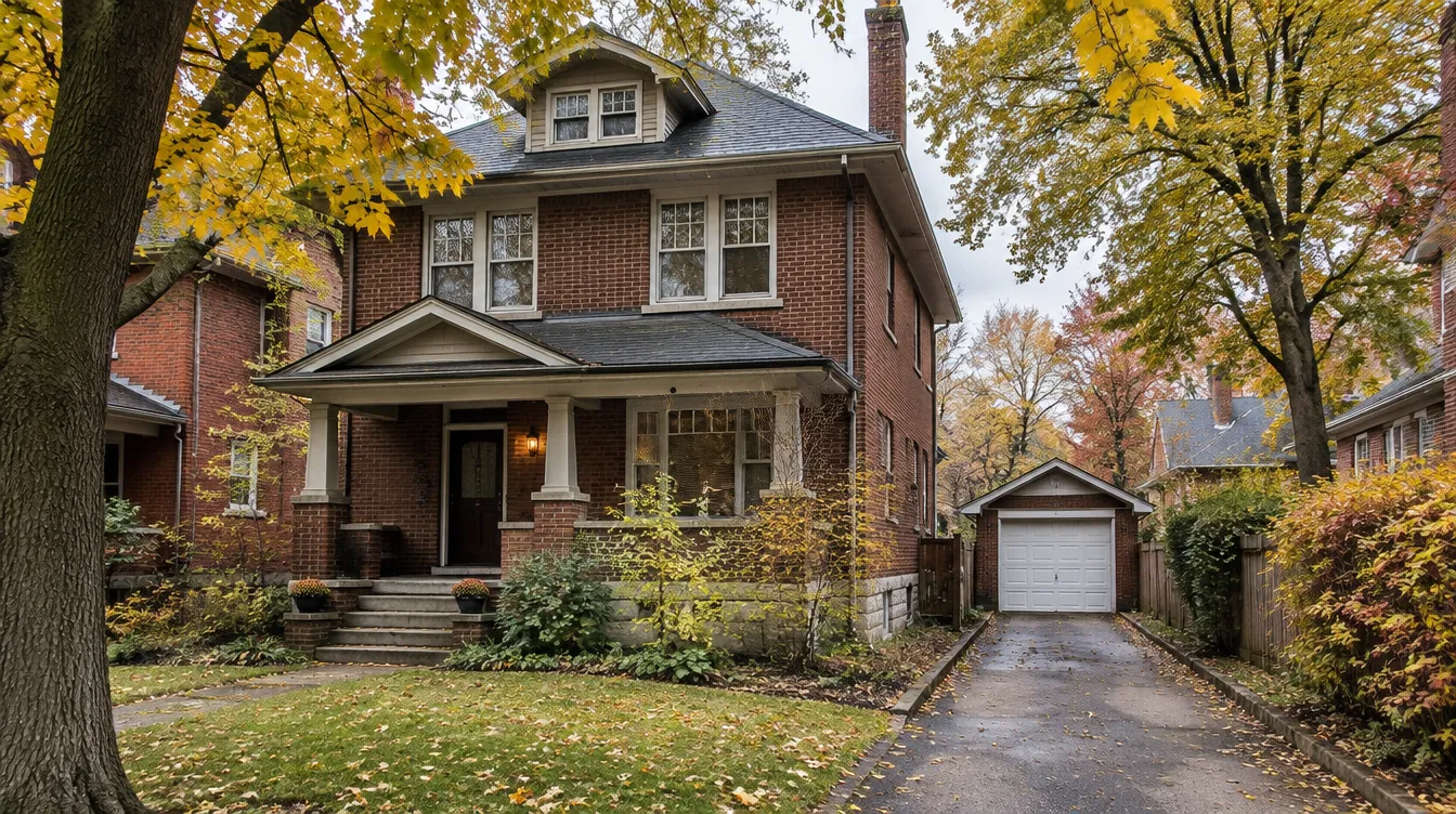 Older brick house with a detached single garage and a white panel door in autumn