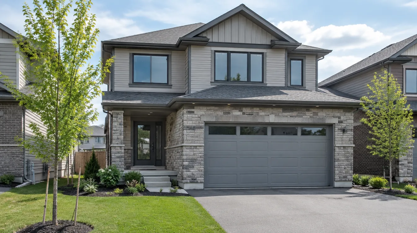 Charcoal garage door on a newer stone and siding home