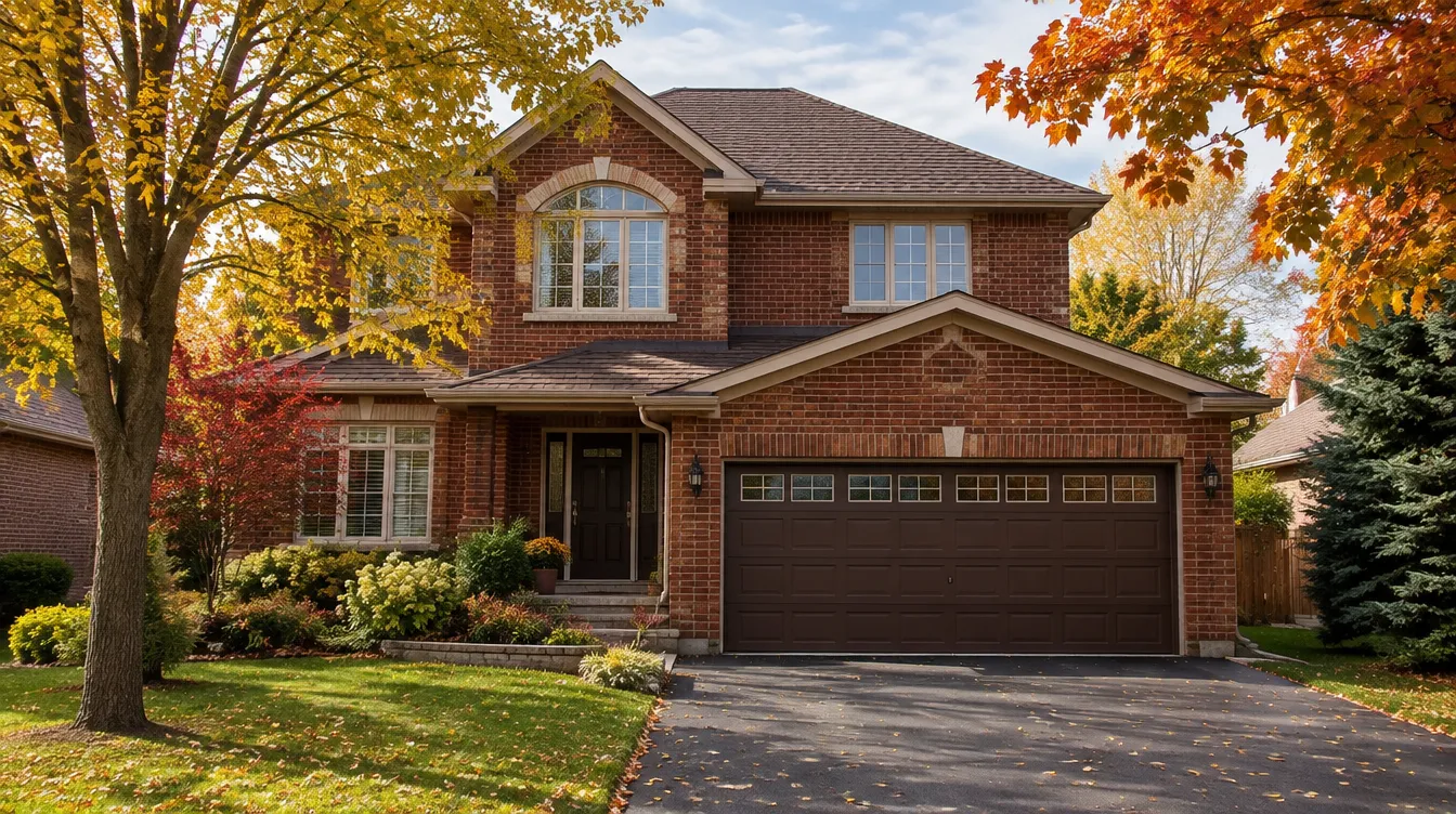 Dark brown insulated garage door on a red brick two-storey home in autumn