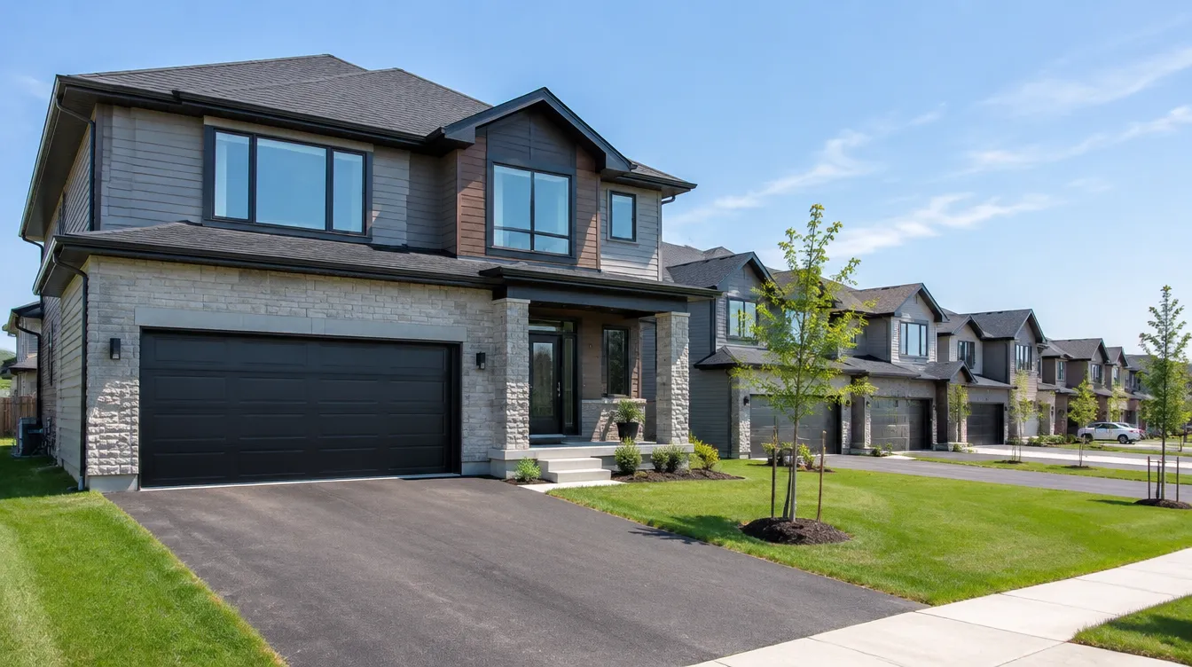 Black double garage door on a new-build home in a growing subdivision