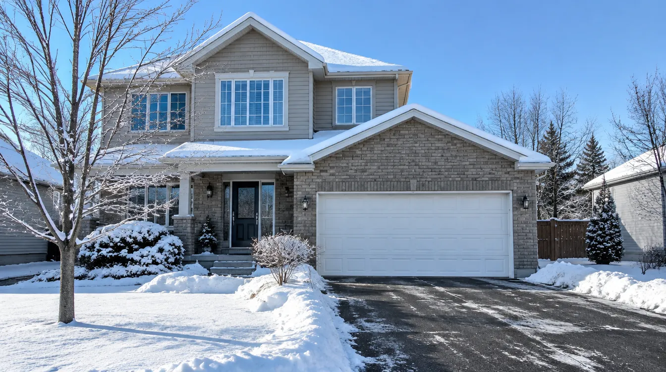 White two-car garage door on a suburban home after a snowfall