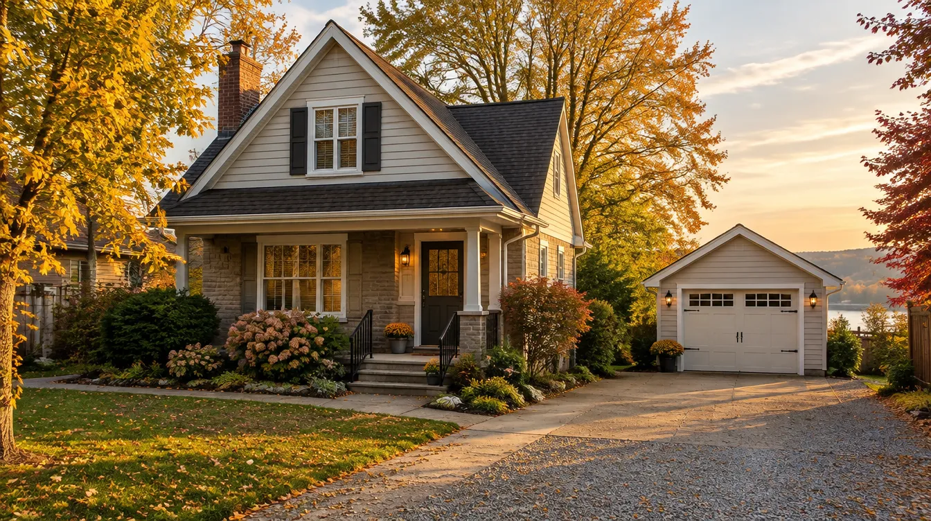 Older house with a detached single garage and a cream carriage-style door