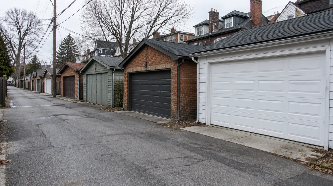 Detached garages along a laneway behind older houses, one with a new white steel door