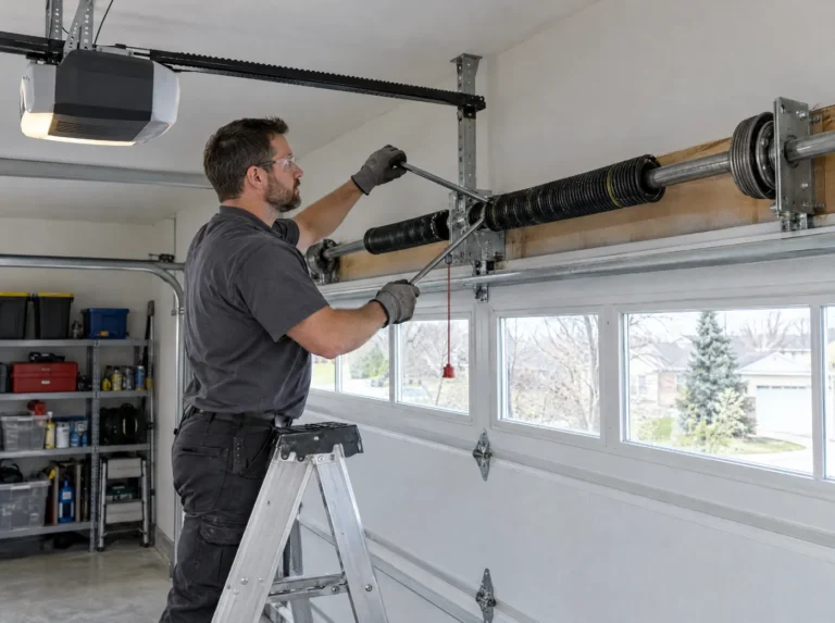 Garage door technician adjusting a torsion spring above a white insulated garage door