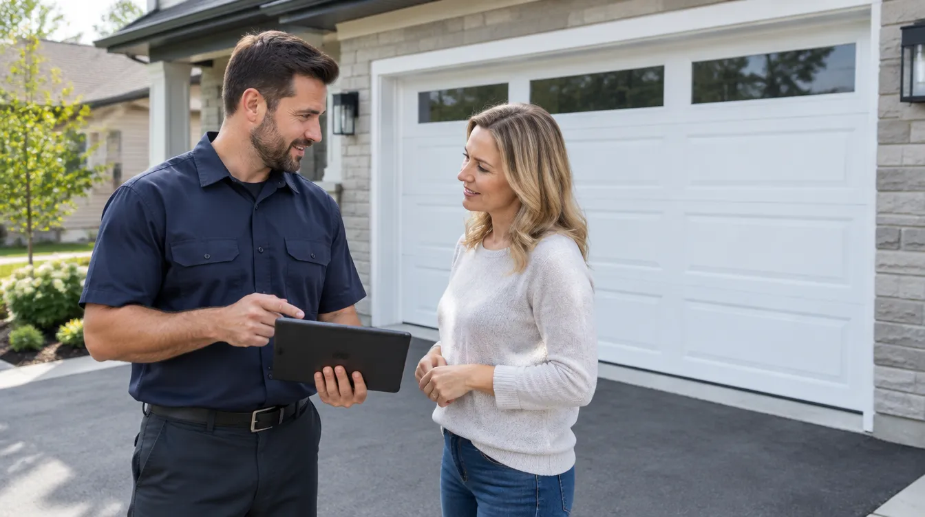 Technician showing a homeowner a quote on a tablet in front of a new white garage door