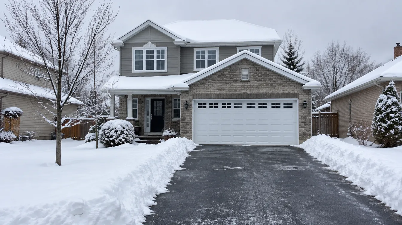 White double garage door on a two-storey home after an early snowfall