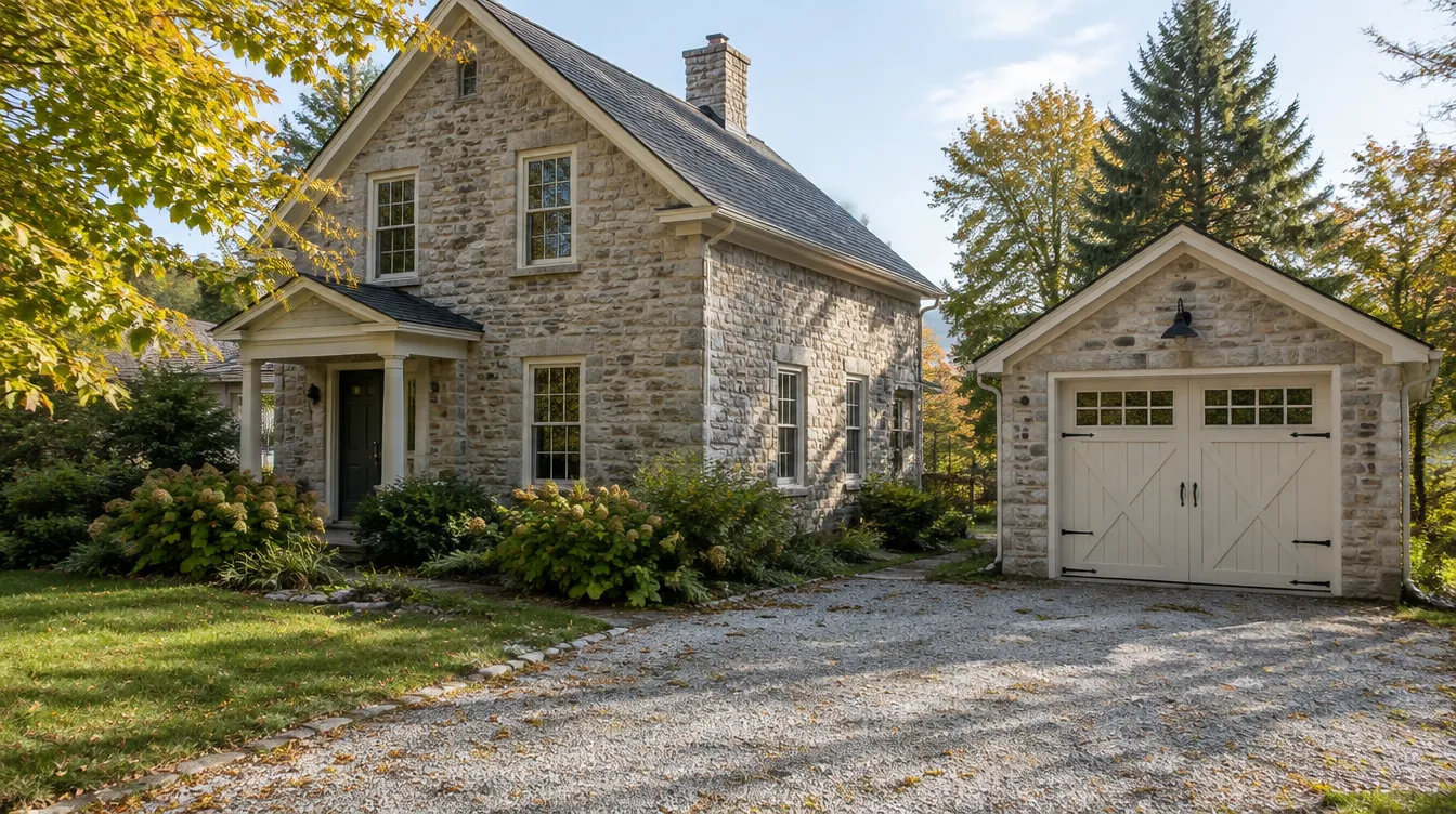 Stone house with a detached garage and a carriage-style door