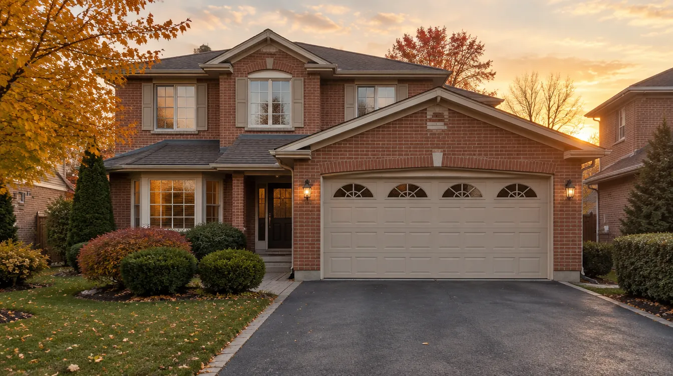 Beige double garage door with arched windows on a two-storey brick home