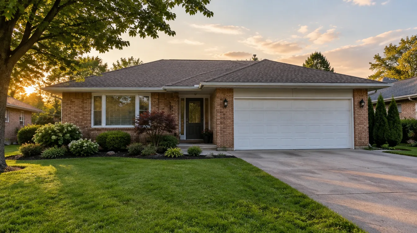 White garage door on a brick bungalow at sunset