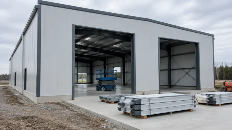 New industrial building under construction with openings ready for overhead doors
