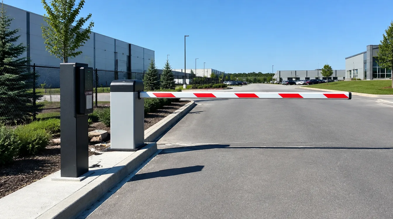 Red and white barrier arm gate with a card reader pedestal at an industrial parking lot entrance