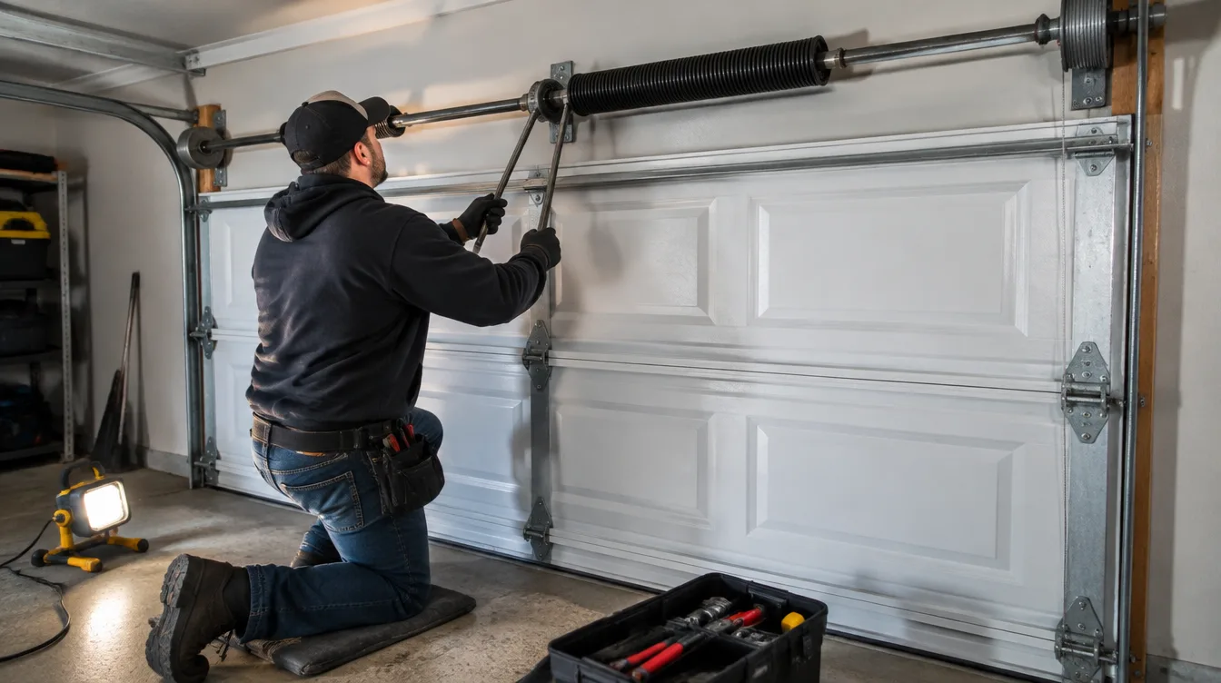 Technician fitting a new torsion spring above a white residential garage door