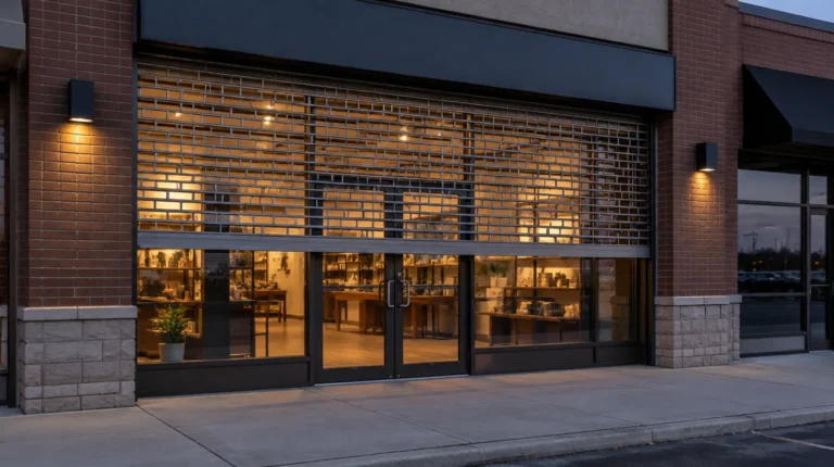 Rolling security grille half lowered over a retail storefront at dusk