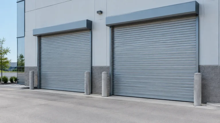 Galvanized rolling steel service doors on an industrial unit