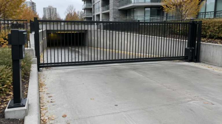 Black steel sliding security gate at a condo parking garage entrance