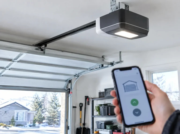 Ceiling-mounted smart garage door opener with LED light and a phone app in a home garage