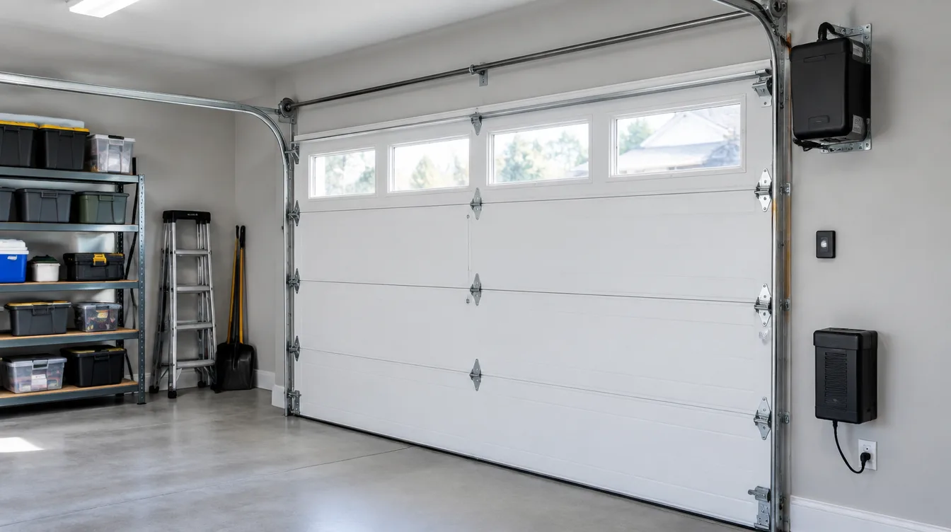 Wall-mounted jackshaft garage door opener with a battery backup beside a white sectional door