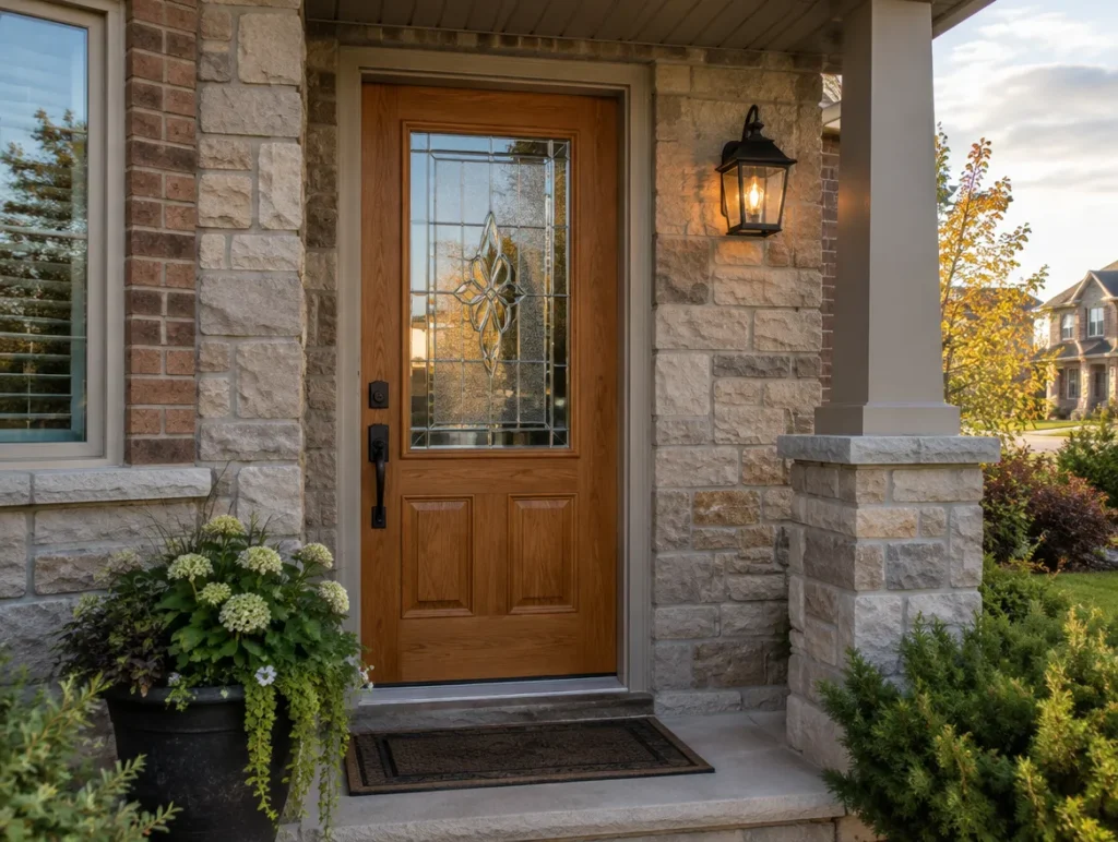 Woodgrain fiberglass front door with a decorative glass panel